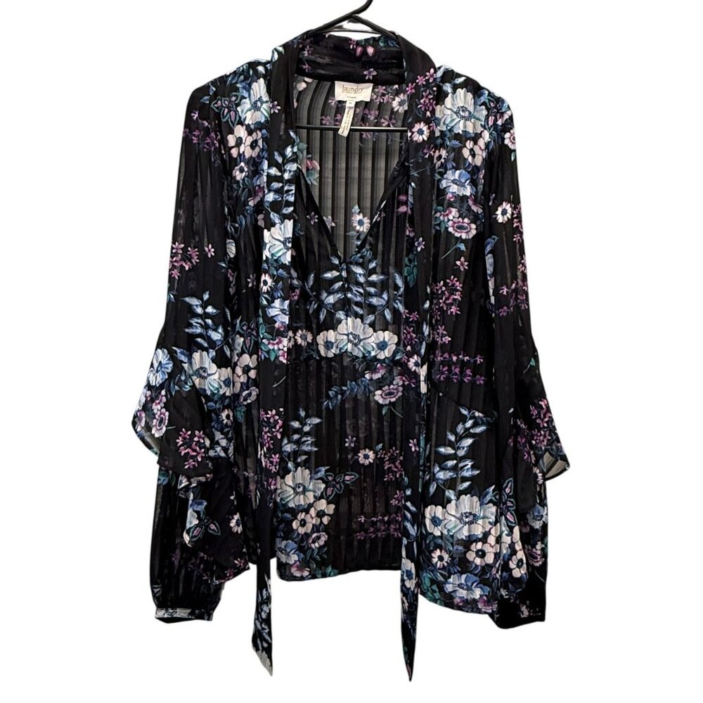 Laundry By Shelli Segal Black Sheer Floral Bell Sleeve Tie Front Blouse Sz 14